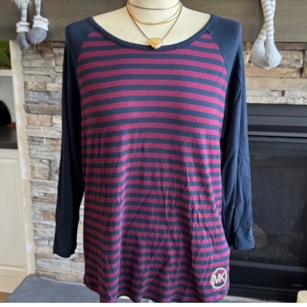 MICHAEL Michael Kors Navy and Burgundy Striped Long Sleeve Tee